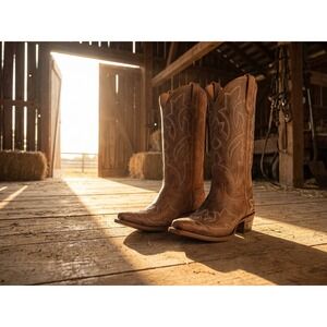 LANE‎ Western Cowboy Boots Brown Leather Square Toe Embroidered Sz 8B New in box